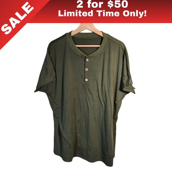 [Sale: 2 for $50!] Olive Green Button-Up Short Sleeve Shirt Wood Buttons 0350 - Picture 1 of 7